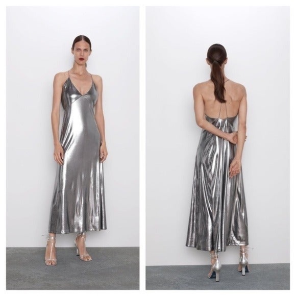 Zara Metallic Slip Spaghetti Straps Dress NWT - Picture 8 of 11